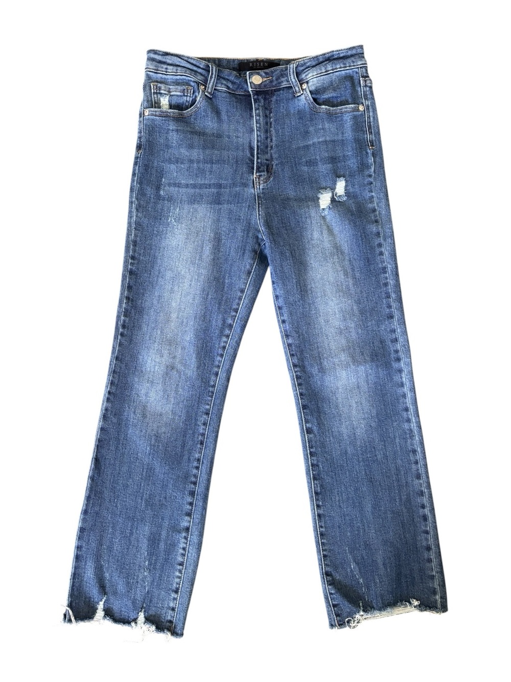 Risen Crop High Rise Distressed Jeans with Raw/Chewed Hem 30/11